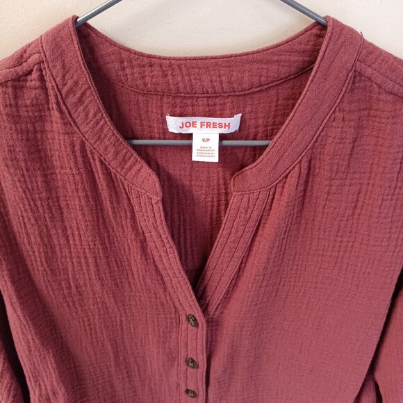 Joe Fresh Cotton Gauze Long Sleeve V Neck Button Shirt, Woman Small - Picture 6 of 8